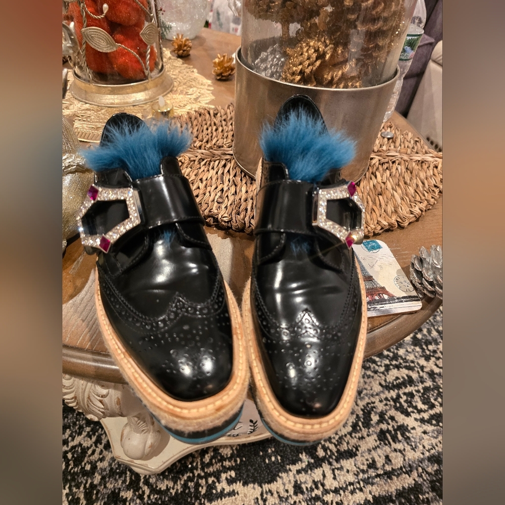 Prada Black Loafers with Blue Fur and Rhinestone Buckle